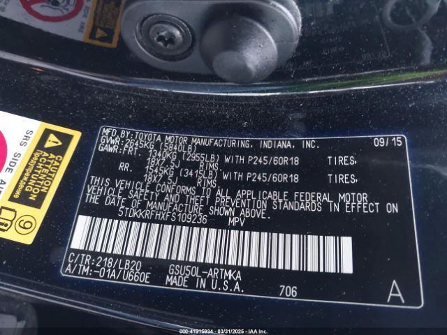 5TDKKRFHXFS109236 Toyota Highlander Xle V6