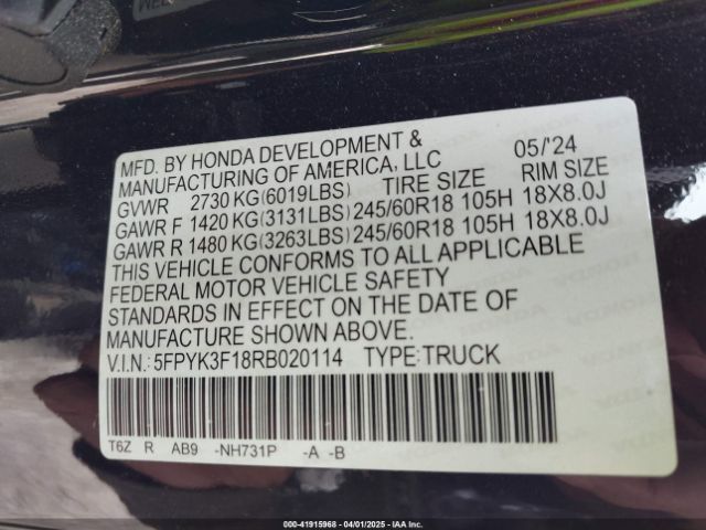 5FPYK3F18RB020114 Honda Ridgeline Sport