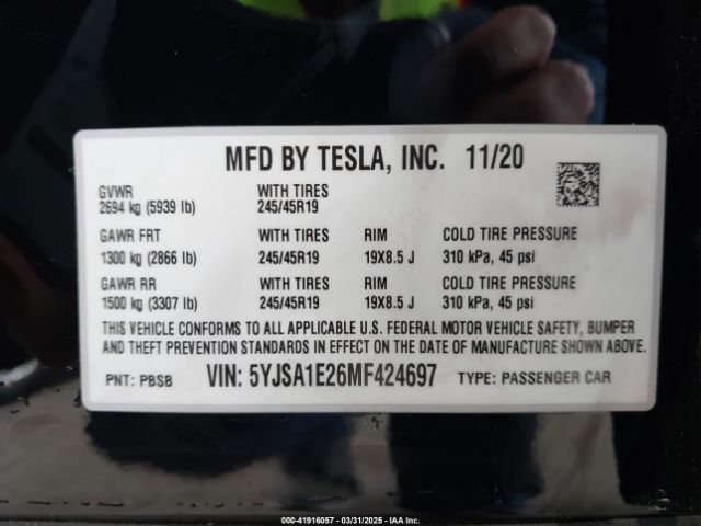 2021 TESLA MODEL S 5YJSA1E26MF424697 Photo 8