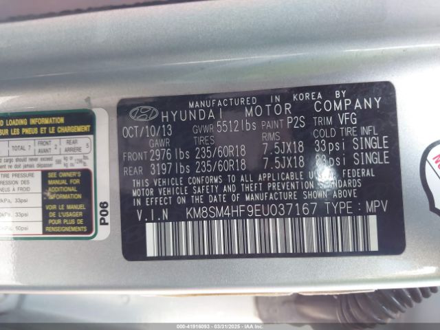 KM8SM4HF9EU037167 Hyundai Santa Fe Gls