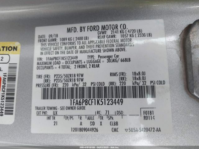 1FA6P8CF1K5123449 Ford MUSTANG GT