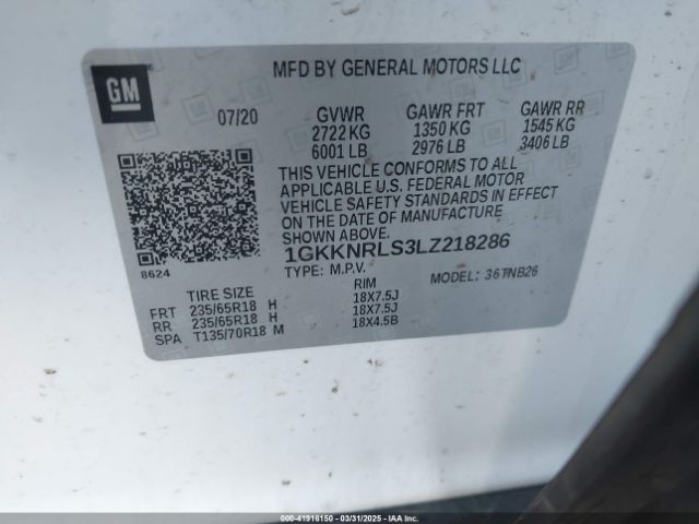 1GKKNRLS3LZ218286 GMC Acadia Fwd Sle