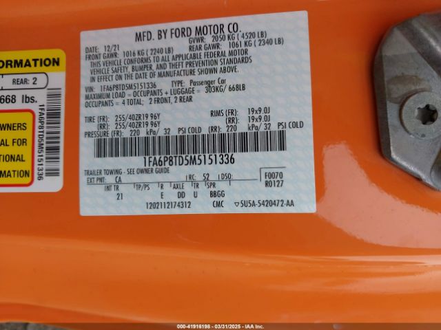 1FA6P8TD5M5151336 Ford Mustang Ecoboost Fastback