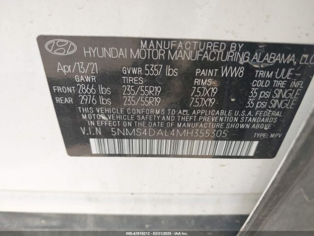 5NMS4DAL4MH355305 Hyundai Santa Fe Limited