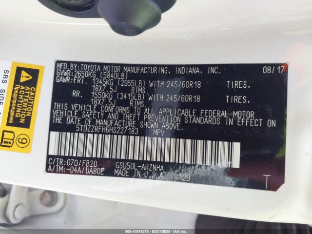 5TDZZRFH6HS227183 Toyota Highlander Le