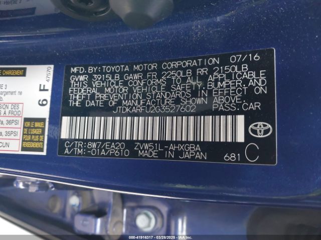 JTDKARFU2G3527602 Toyota Prius Four