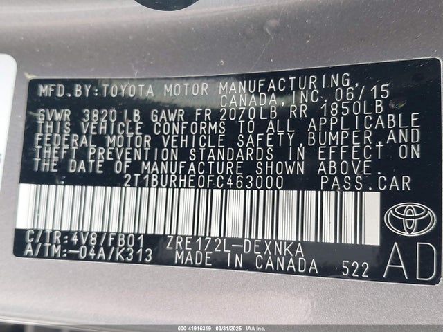 2T1BURHE0FC463000 Toyota COROLLA LE