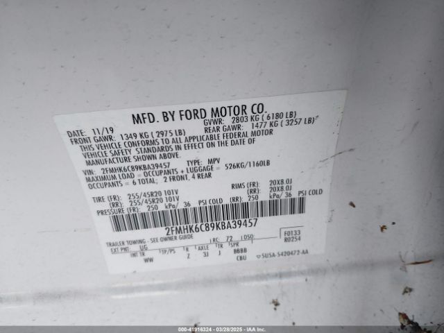 2FMHK6C89KBA39457 Ford FLEX SEL