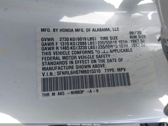 5FNRL6H87MB015310 Honda Odyssey Touring