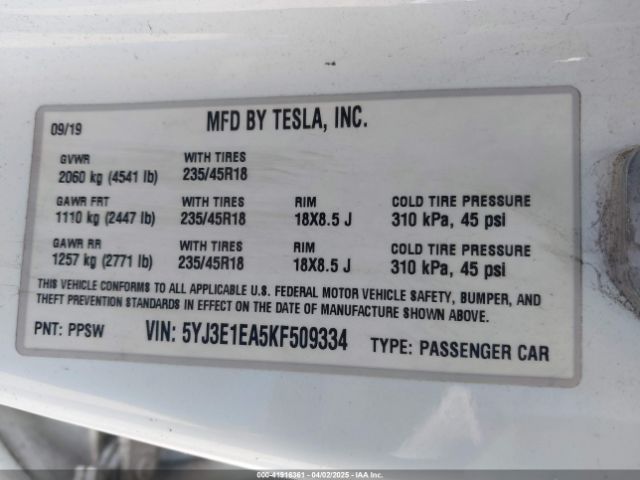 5YJ3E1EA5KF509334 Tesla MODEL 3