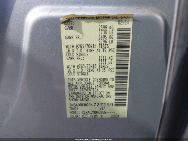 1N6AD0ER0EN727159 Nissan Frontier Sv