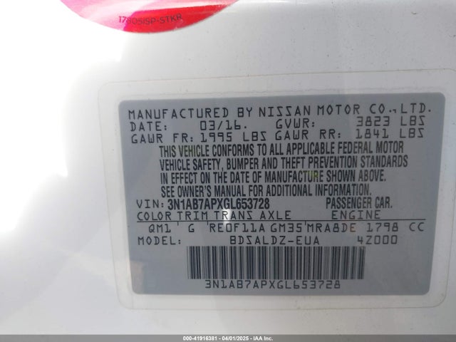 3N1AB7APXGL653728 Nissan Sentra Fe+ S/s/sl/sr/sv