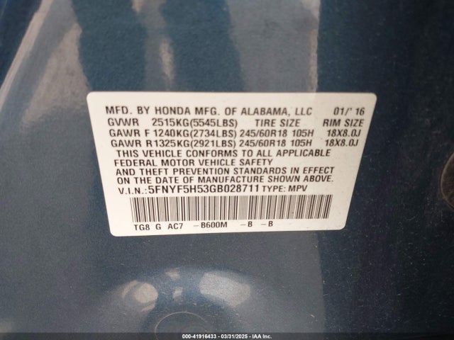 5FNYF5H53GB028711 Honda Pilot Ex-l