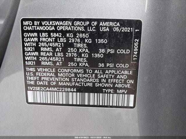 1V2SE2CA4MC229844 Volkswagen Atlas Cross Sport 3.6l V6 Sel/3.6l V6 Sel R-line