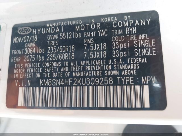 KM8SN4HF2KU309258 Hyundai Santa Fe Xl Se