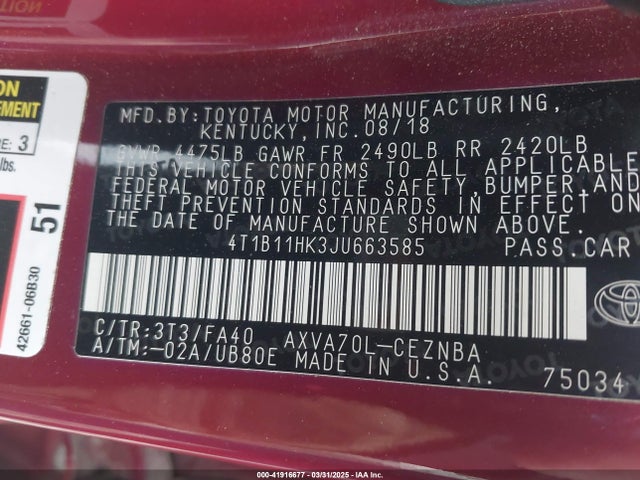 4T1B11HK3JU663585 Toyota CAMRY LE