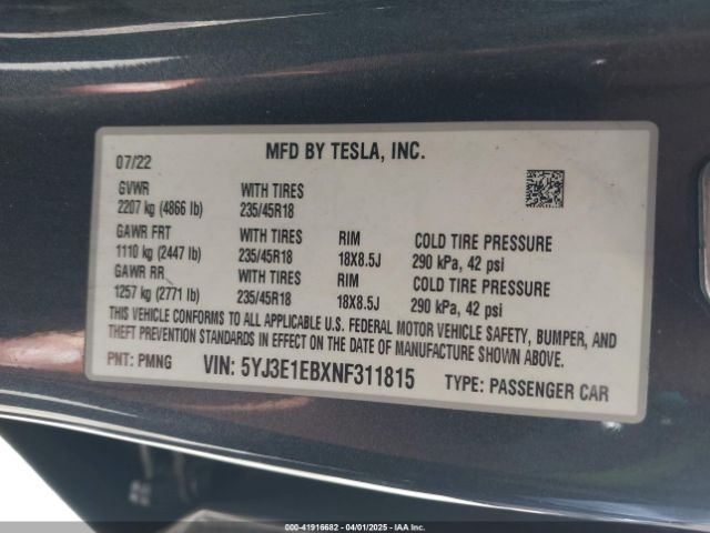 5YJ3E1EBXNF311815 Tesla Model 3 Long Range Dual Motor All-wheel Drive
