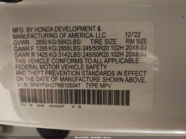 5FNYF6H27NB105041 Honda Pilot Awd Special Edition