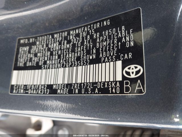 5YFBURHE7GP395652 Toyota Corolla L/le/le Pls/prm/s/s Pls