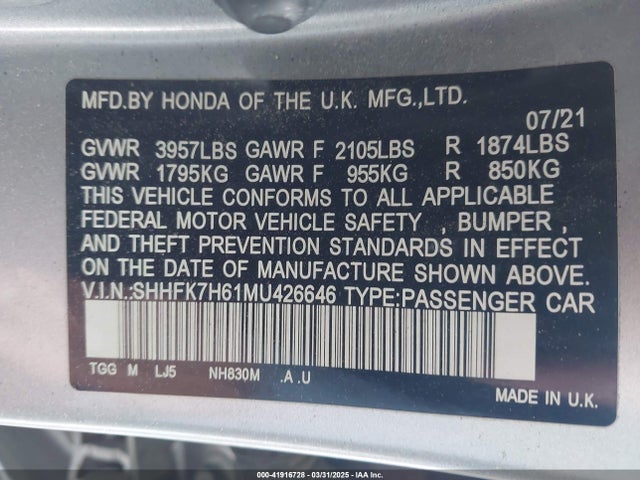 SHHFK7H61MU426646 Honda CIVIC EX