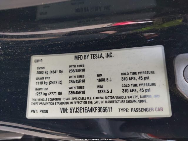 5YJ3E1EA4KF305611 Tesla Model 3 Long Range/mid Range/standard Range/standard Range Plus