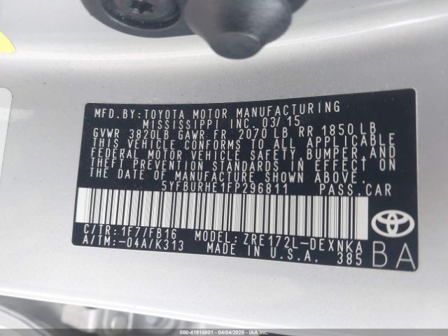 5YFBURHE1FP296811 Toyota COROLLA LE
