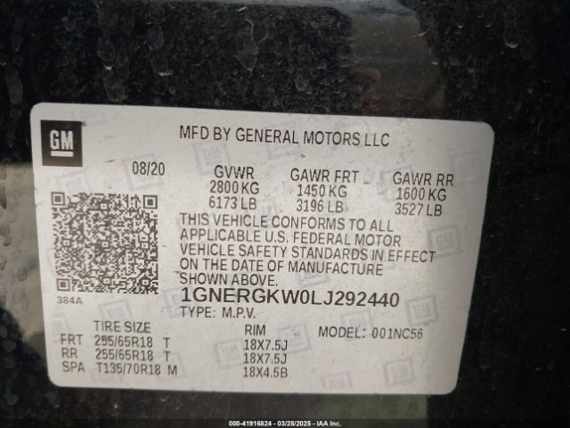 1GNERGKW0LJ292440 Chevrolet Traverse Fwd Lt Cloth
