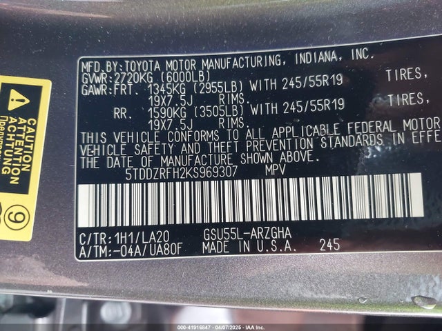 5TDDZRFH2KS969307 Toyota Highlander Limited