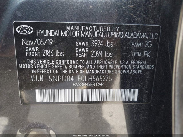 5NPD84LF0LH565275 Hyundai ELANTRA SEL
