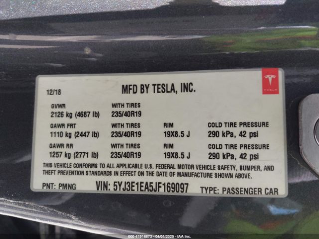 5YJ3E1EA5JF169097 Tesla Model 3 Long Range/mid Range
