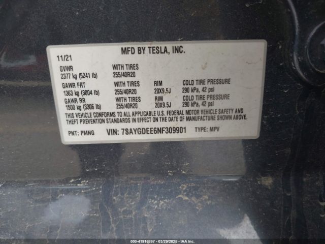 7SAYGDEE6NF309901 Tesla Model Y Long Range Dual Motor All-wheel Drive