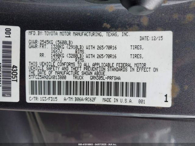 5TFCZ5AN2GX013800 Toyota 2gr-fks