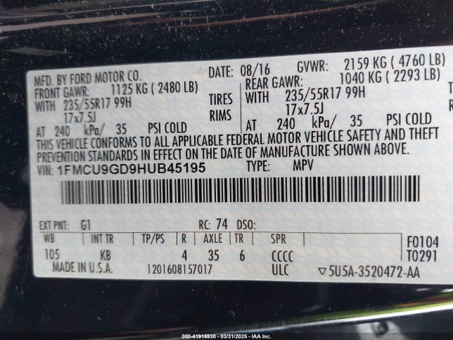 1FMCU9GD9HUB45195 Ford ESCAPE SE