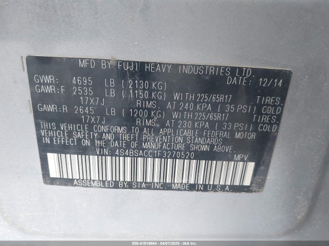 4S4BSACC1F3270520 Subaru Outback 2.5i Premium