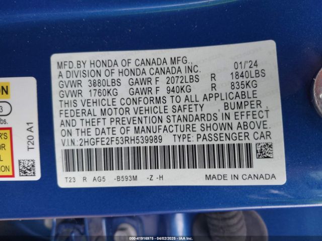 2HGFE2F53RH539989 Honda Civic Sport