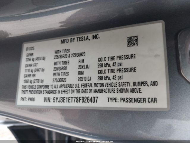 5YJ3E1ET7SF926407 Tesla MODEL 3