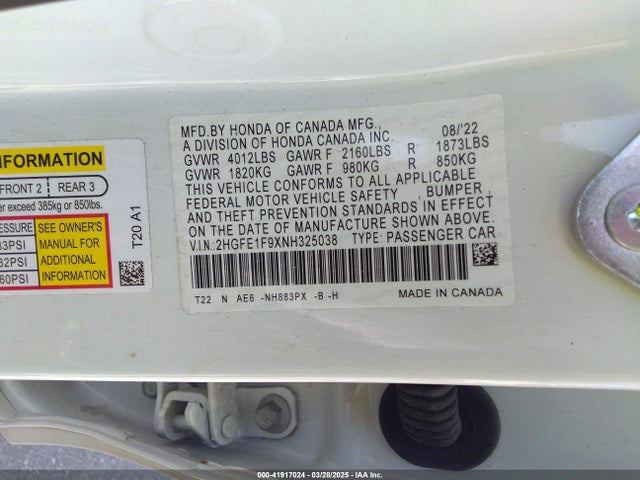 2HGFE1F9XNH325038 Honda Civic Touring