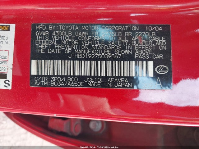 Aukcja sprzedaży 2005 Lexus Is 300, vin: JTHBD192750095671, numer aukcji: 41917434