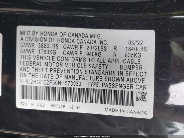 2HGFE2F50NH573933 Honda Civic Sport