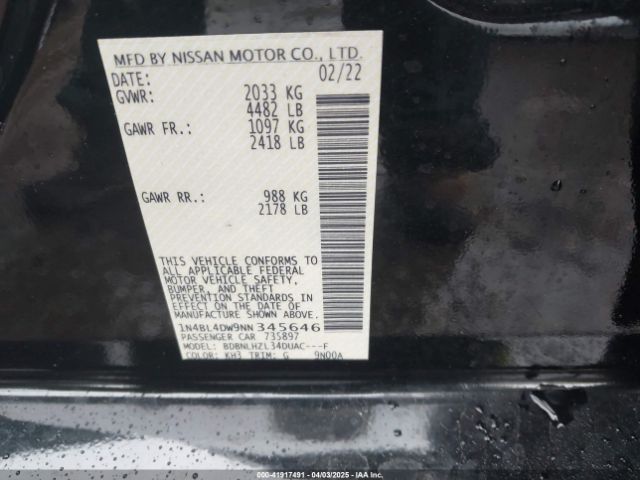 1N4BL4DW9NN345646 Nissan Altima Sv Intelligent Awd