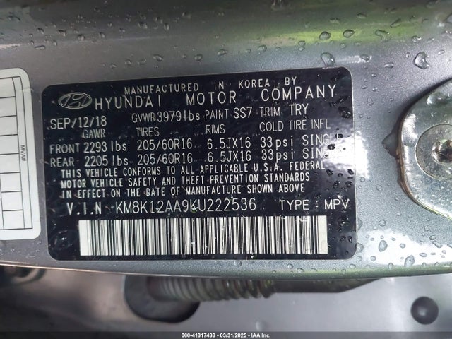 KM8K12AA9KU222536 Hyundai Kona Se