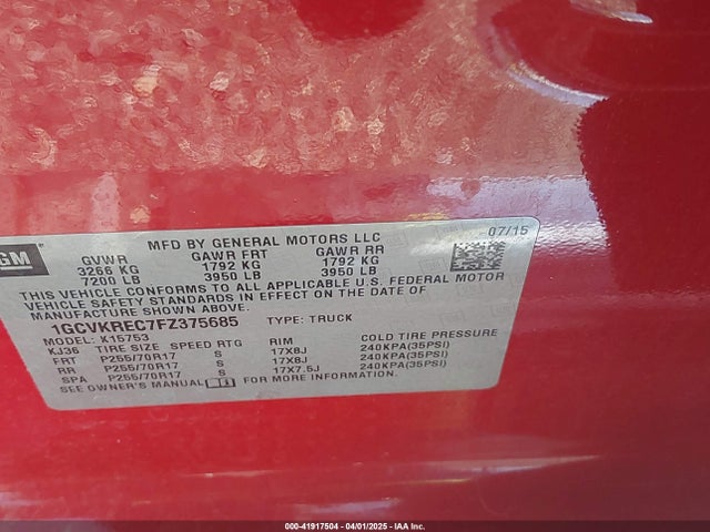 1GCVKREC7FZ375685 Chevrolet Silverado 1500 1lt