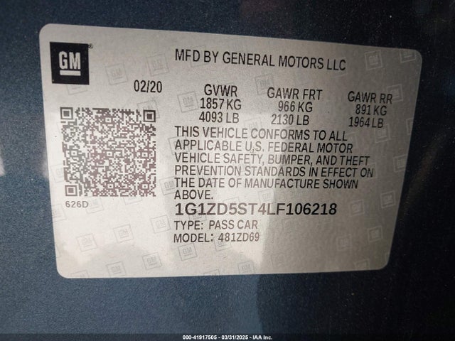 1G1ZD5ST4LF106218 Chevrolet Malibu Fwd Lt