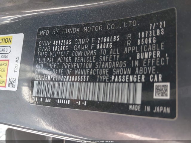 Honda CIVIC EX 2022 JHMFE1F72NX005557 Image 9