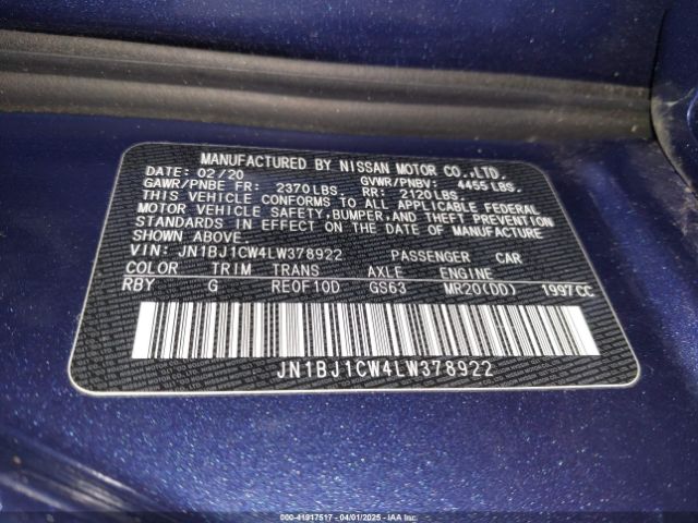 JN1BJ1CW4LW378922 Nissan Rogue Sport S Awd Xtronic Cvt