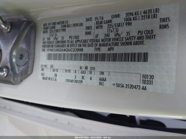 1FMCU0GX4GUC23998 Ford ESCAPE SE
