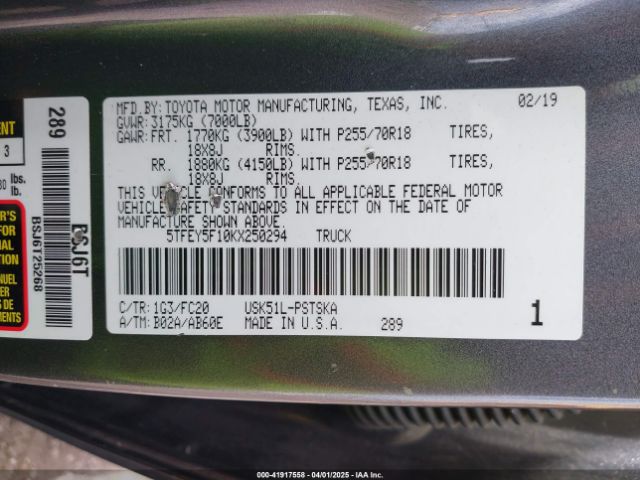 5TFEY5F10KX250294 Toyota Tundra Sr5 5.7l V8