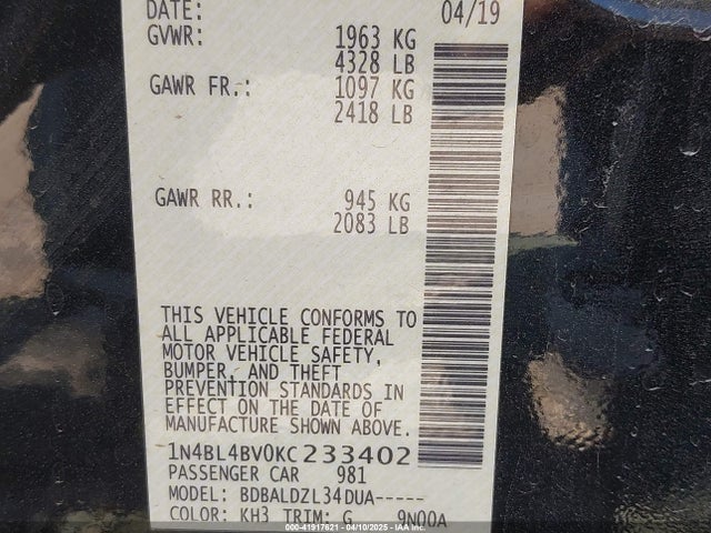 1N4BL4BV0KC233402 Nissan Altima 2.5 S