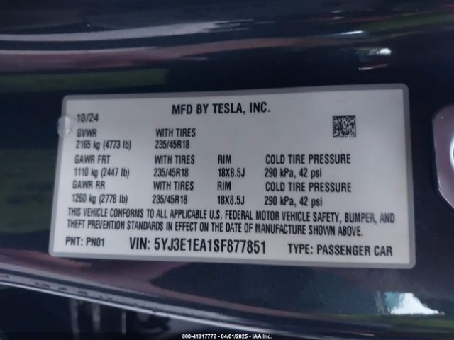 5YJ3E1EA1SF877851 Tesla Model 3 Long Range Rear-wheel Drive