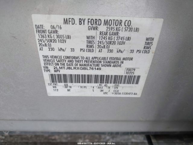2LMTJ8LRXGBL76149 Lincoln Mkx Reserve